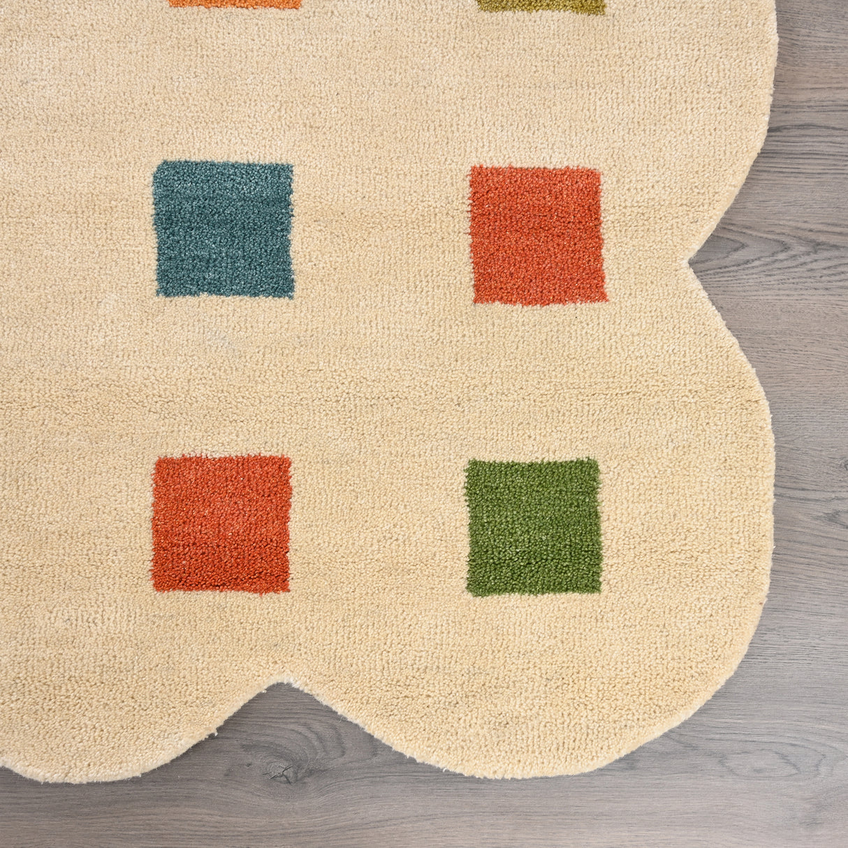Hand-Tufted 100% Wool Rug – Colorful Squares on Scalloped Cream Base
