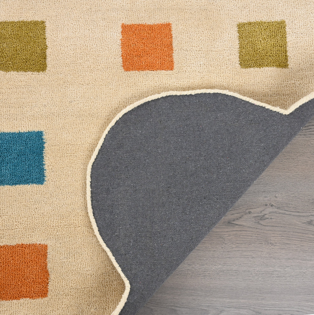 Hand-Tufted 100% Wool Rug – Colorful Squares on Scalloped Cream Base