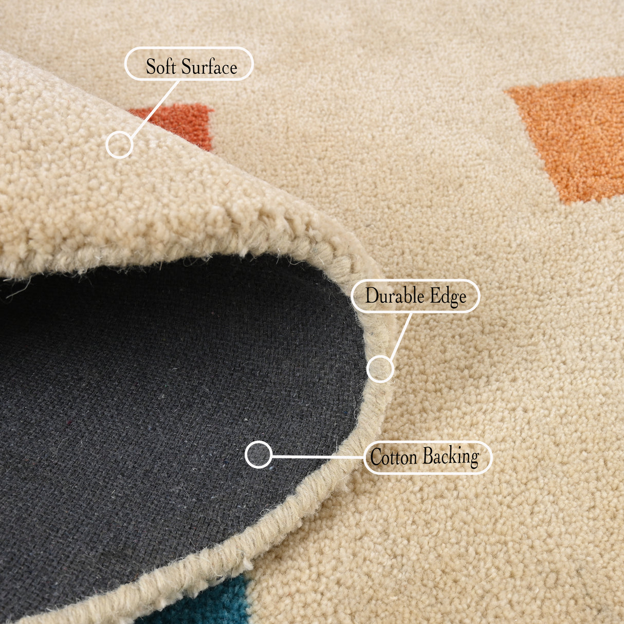 Hand-Tufted 100% Wool Rug – Colorful Squares on Scalloped Cream Base