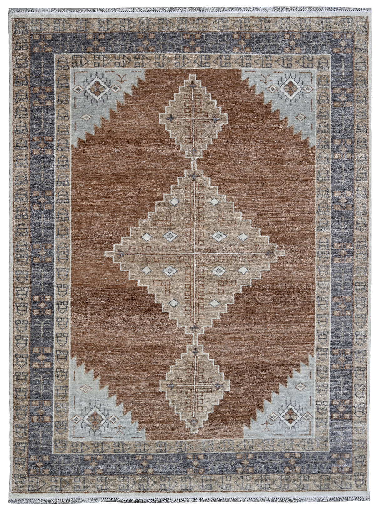 Hand-Knotted Wool Rug – Tribal Medallion Design in Natural Tones