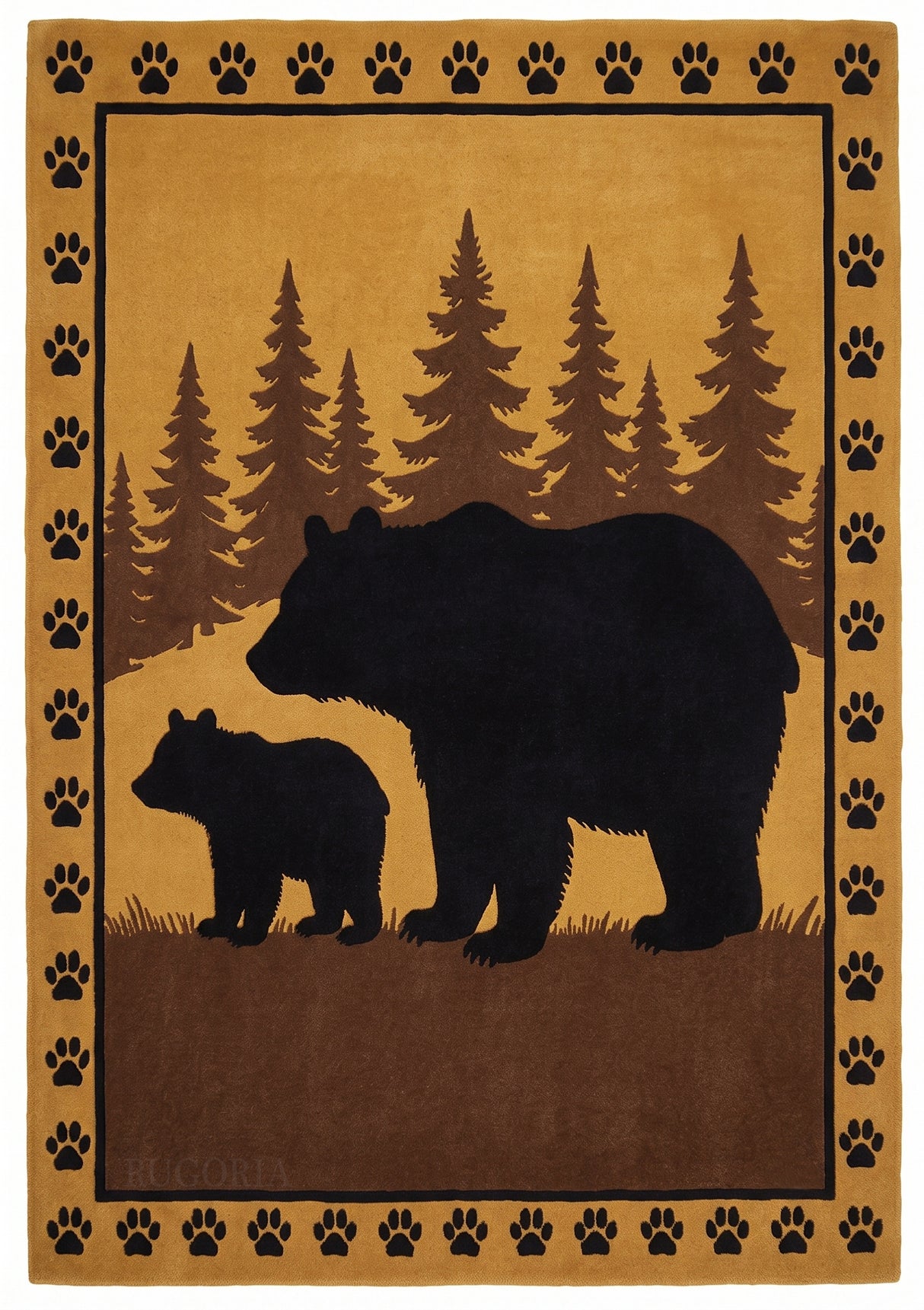 Hand Tufted Wool Area Rug, Bear Family Forest Wildlife Design with Pine Trees