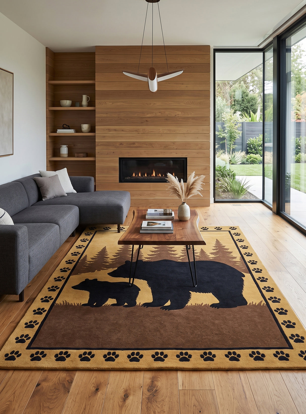 Hand Tufted Wool Area Rug, Bear Family Forest Wildlife Design with Pine Trees