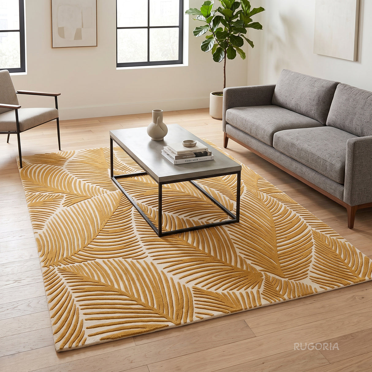 Hand Tufted Wool Area Rug, Tropical Palm Leaf Botanical Design