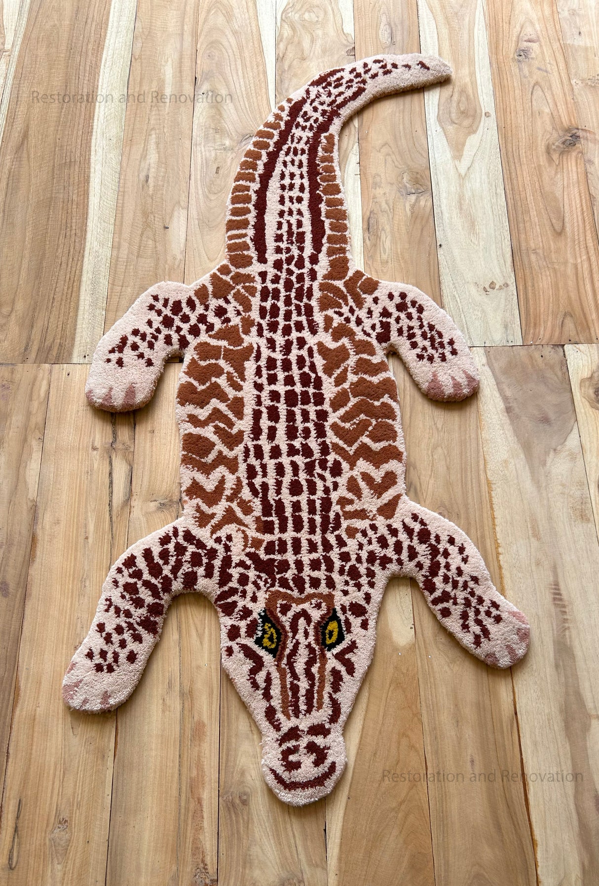 Handmade 100% Wool Area Rug with Realistic Crocodile-Inspired Animal Print Design