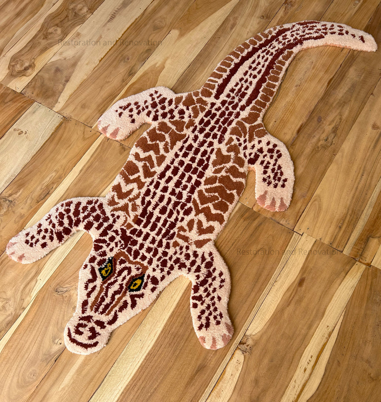 Handmade 100% Wool Area Rug with Realistic Crocodile-Inspired Animal Print Design