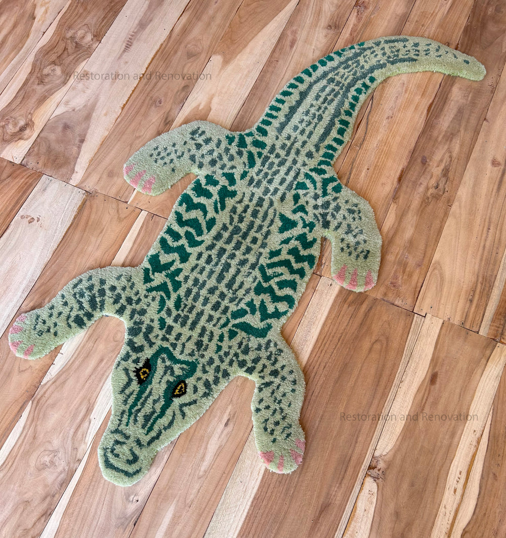 Handmade 100% Wool Area Rug with Realistic Crocodile-Inspired Animal Print Design