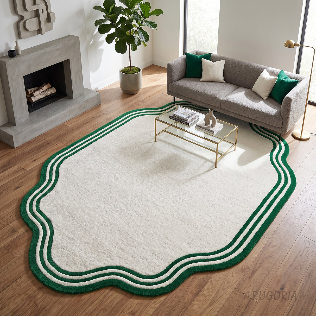 Modern Hand Tufted Wool Area Rug, Scalloped Border Design