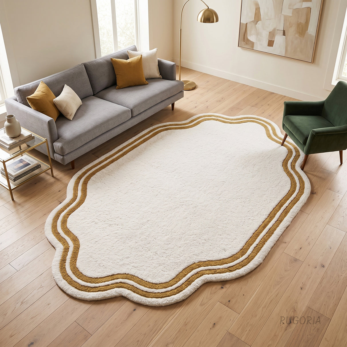 Modern Hand Tufted Wool Area Rug, Scalloped Border Design