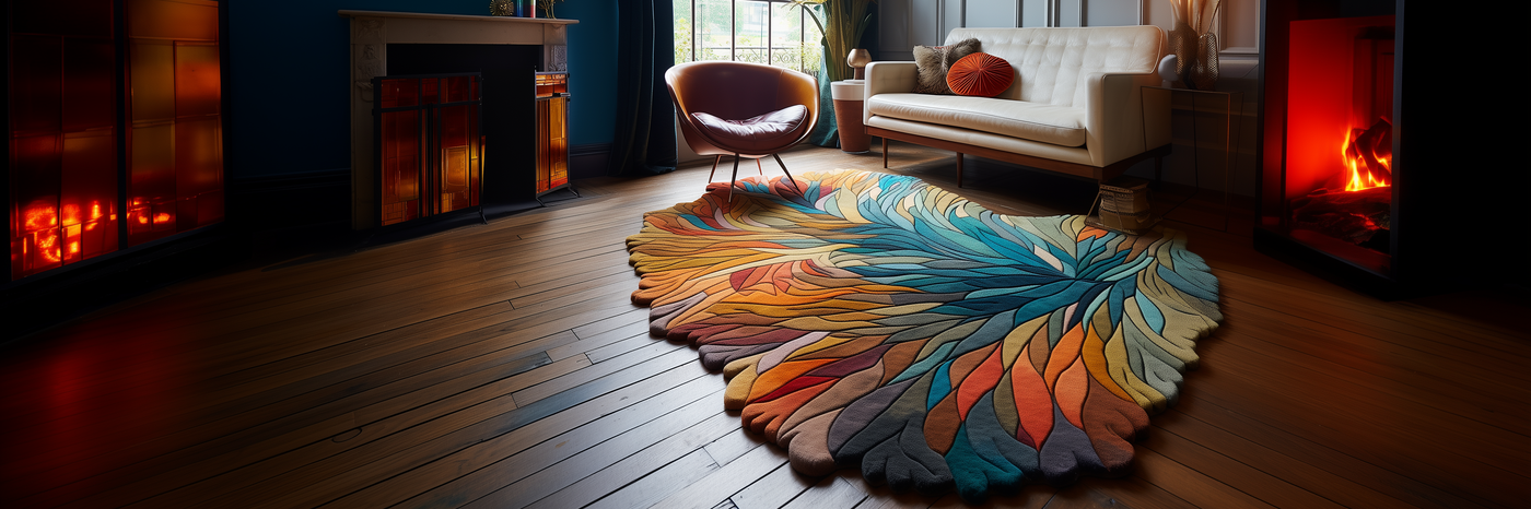 Handmade wool rug with vibrant flowing blue, orange, and yellow in an irregular shape.