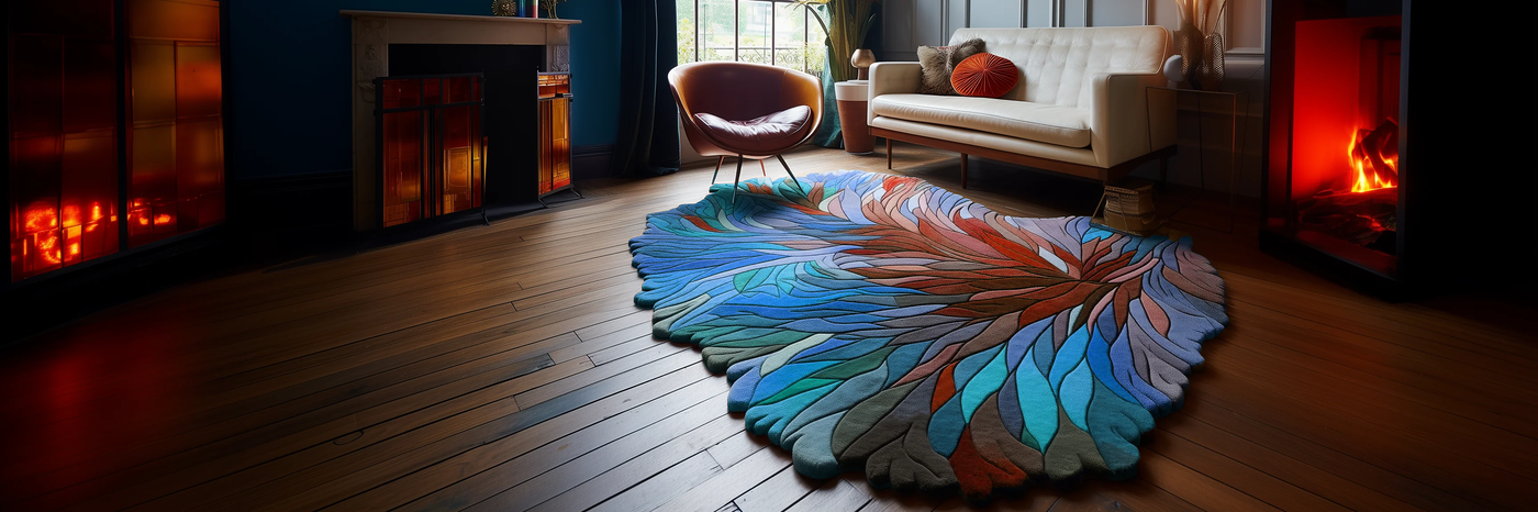 Handmade wool rug with vibrant flowing blue, orange, and yellow in an irregular shape.