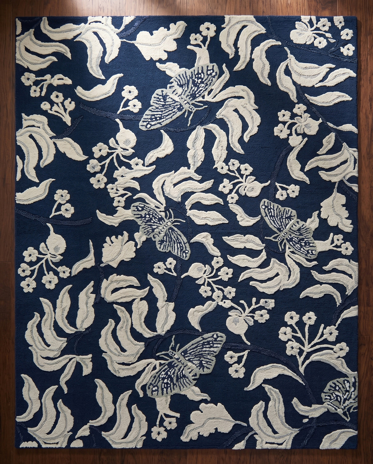 Hand Tufted Wool Rug, Floral Butterfly Botanical Pattern