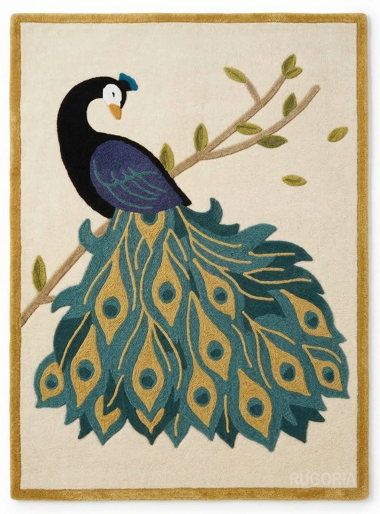 Peacock Hand Tufted Wool Rug with Framed Border, Nature Inspired Bird Pattern