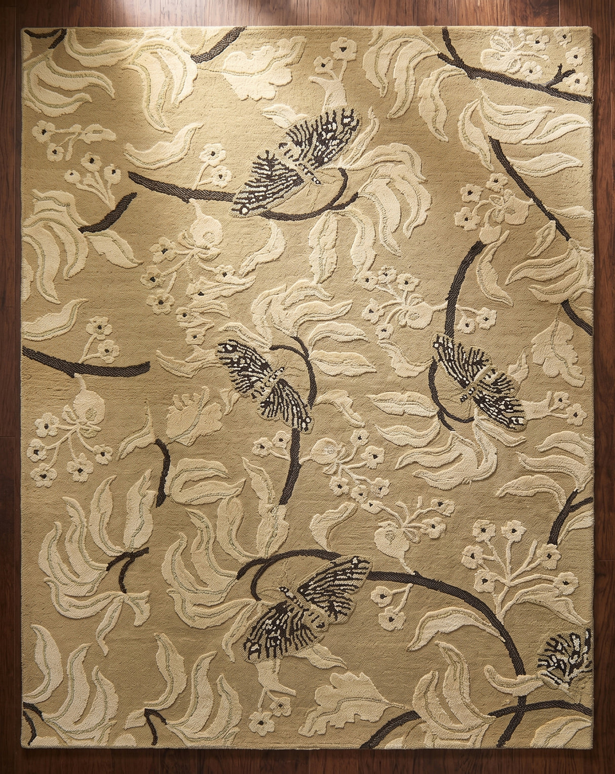 Hand Tufted Wool Rug, Floral Butterfly Botanical Pattern