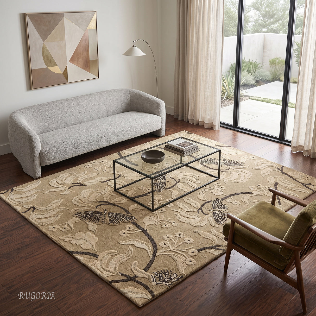 Hand Tufted Wool Rug, Floral Butterfly Botanical Pattern