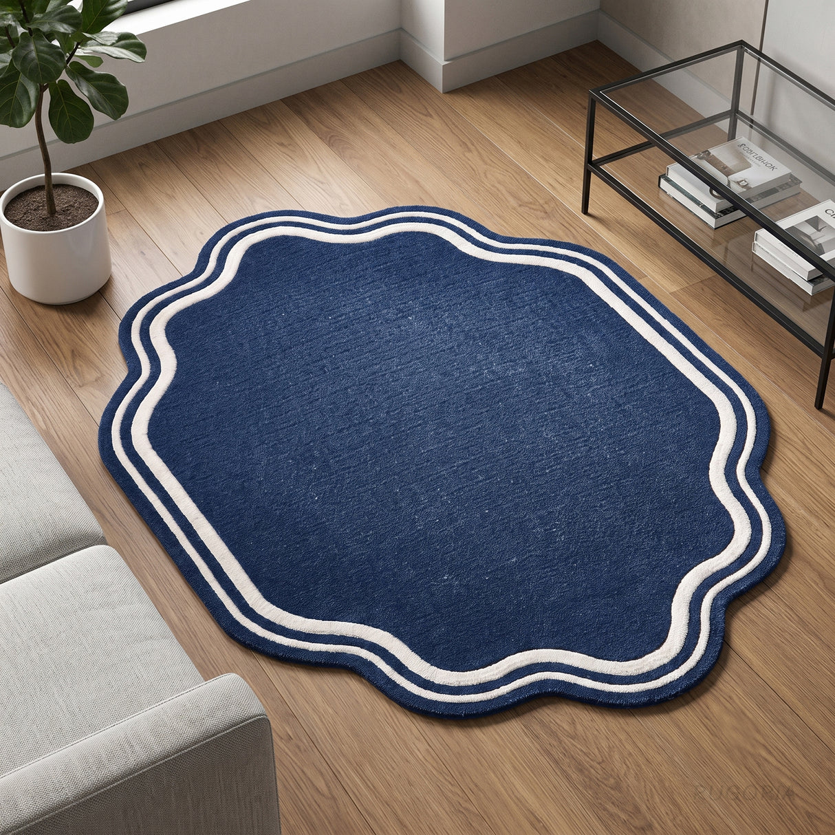 Modern Hand Tufted Wool Area Rug, Scalloped Border Design