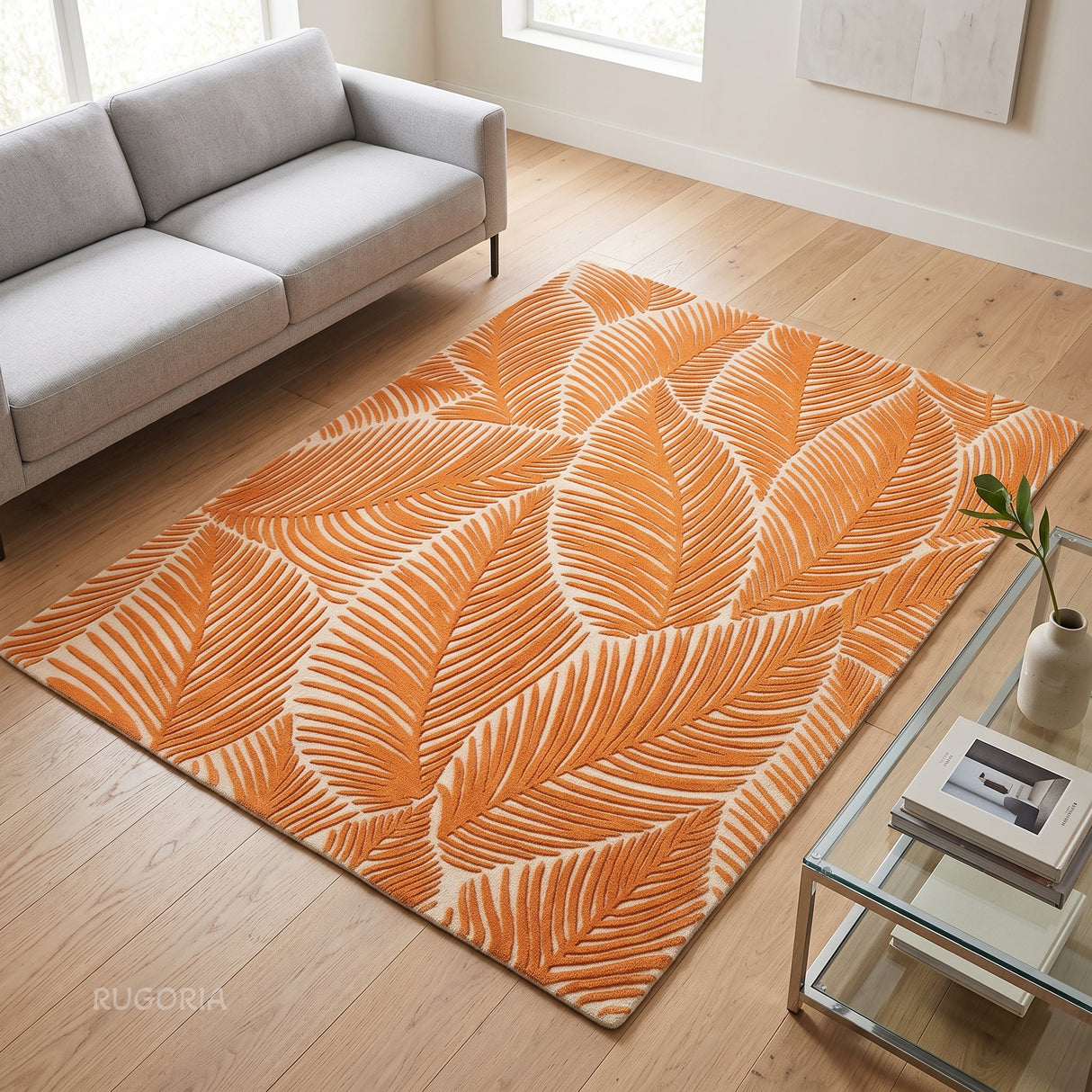 Hand Tufted Wool Area Rug, Tropical Palm Leaf Botanical Design