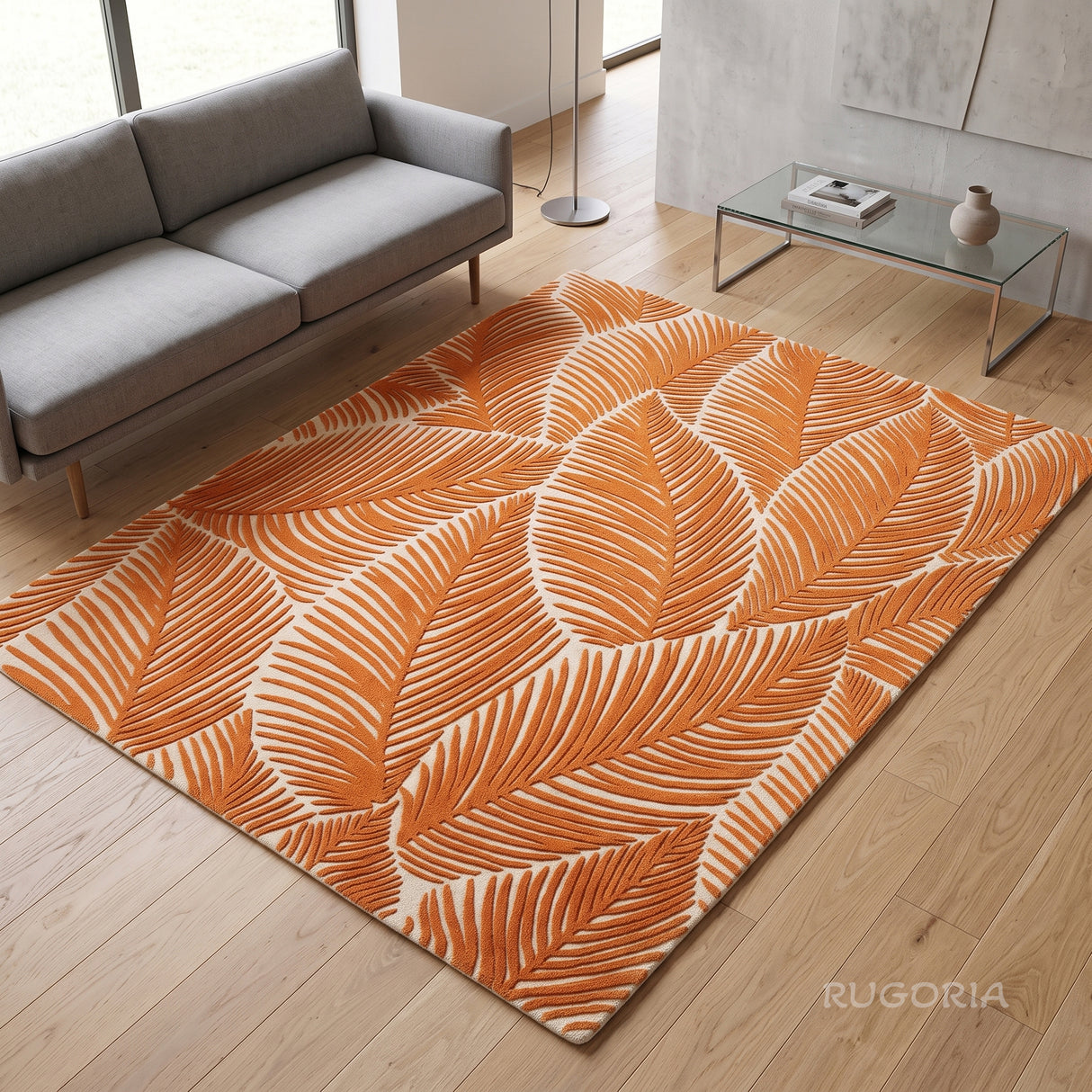 Hand Tufted Wool Area Rug, Tropical Palm Leaf Botanical Design
