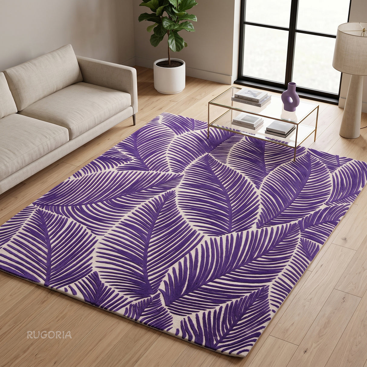 Hand Tufted Wool Area Rug, Tropical Palm Leaf Botanical Design