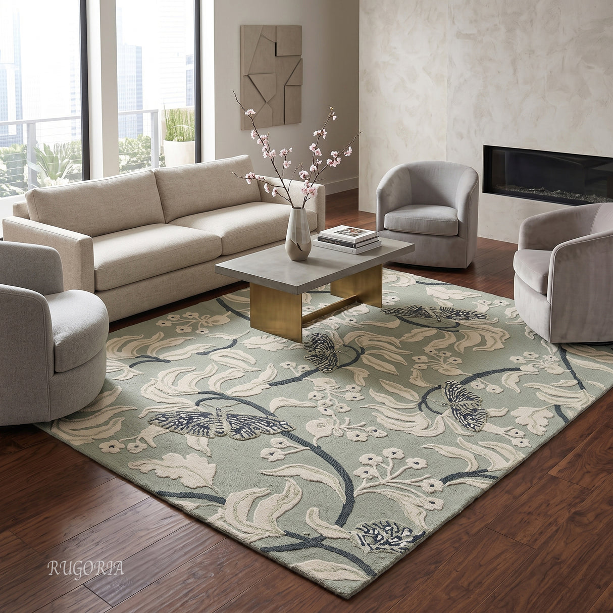 Hand Tufted Wool Rug, Floral Butterfly Botanical Pattern