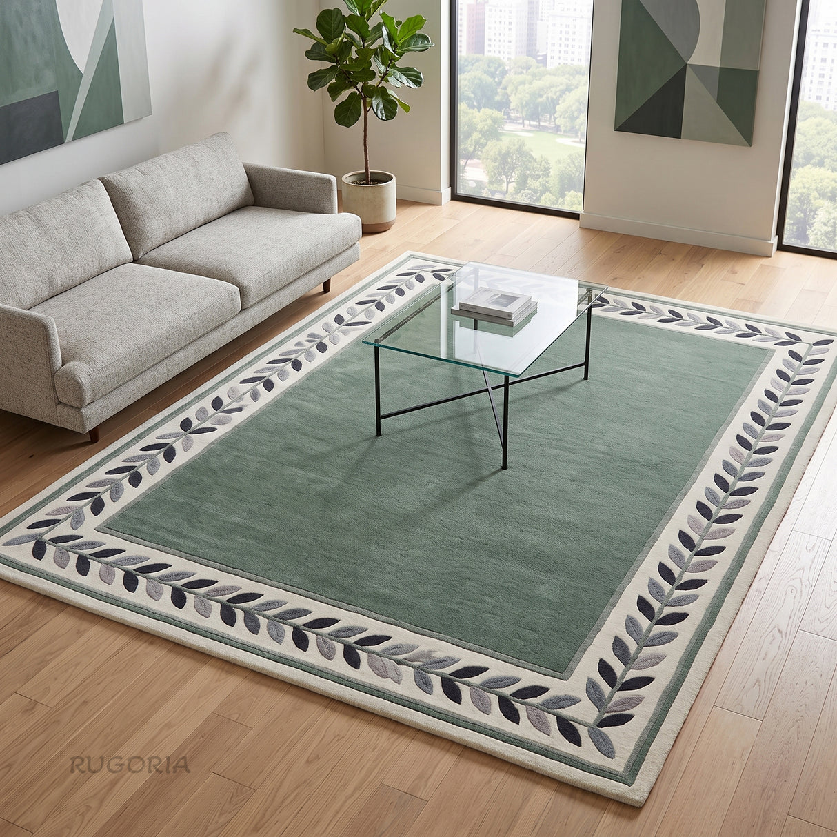 Modern Hand Tufted Wool Rug, Botanical Leaf Border Design