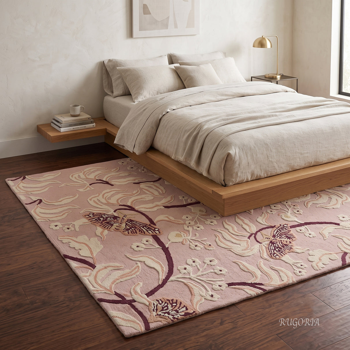 Hand Tufted Wool Rug, Floral Butterfly Botanical Pattern