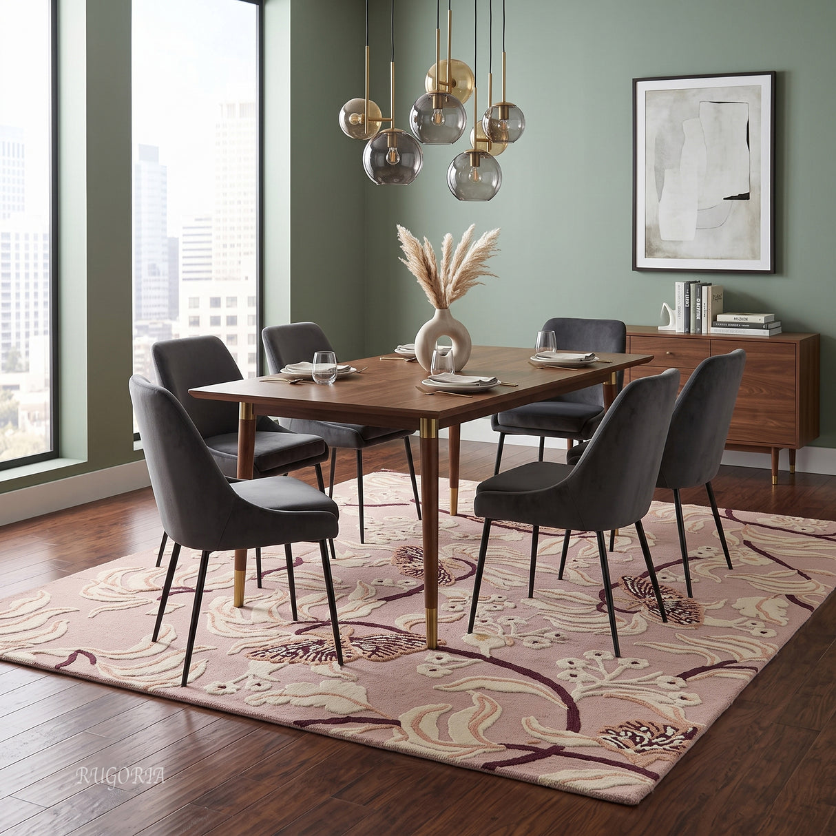 Hand Tufted Wool Rug, Floral Butterfly Botanical Pattern