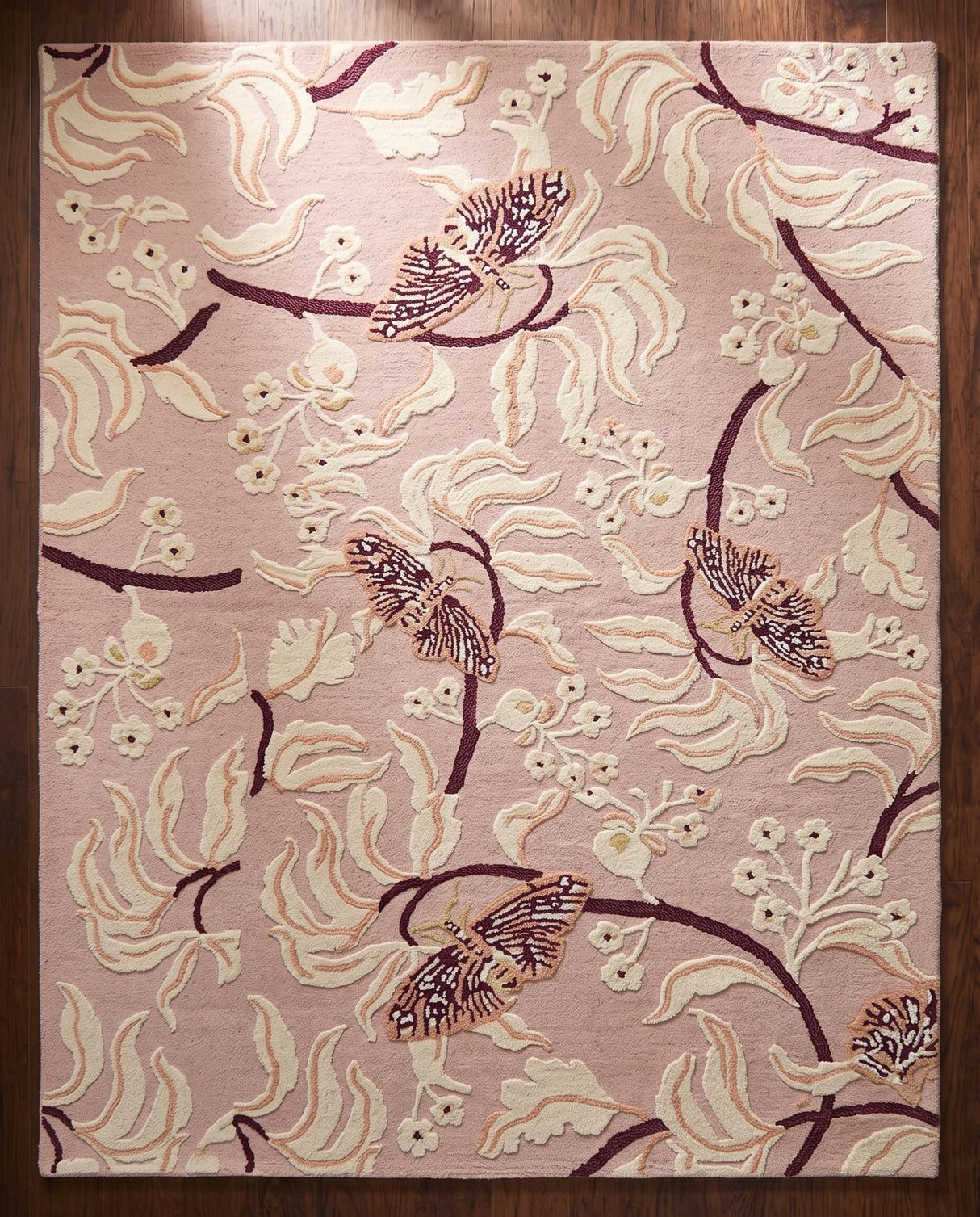 Hand Tufted Wool Rug, Floral Butterfly Botanical Pattern