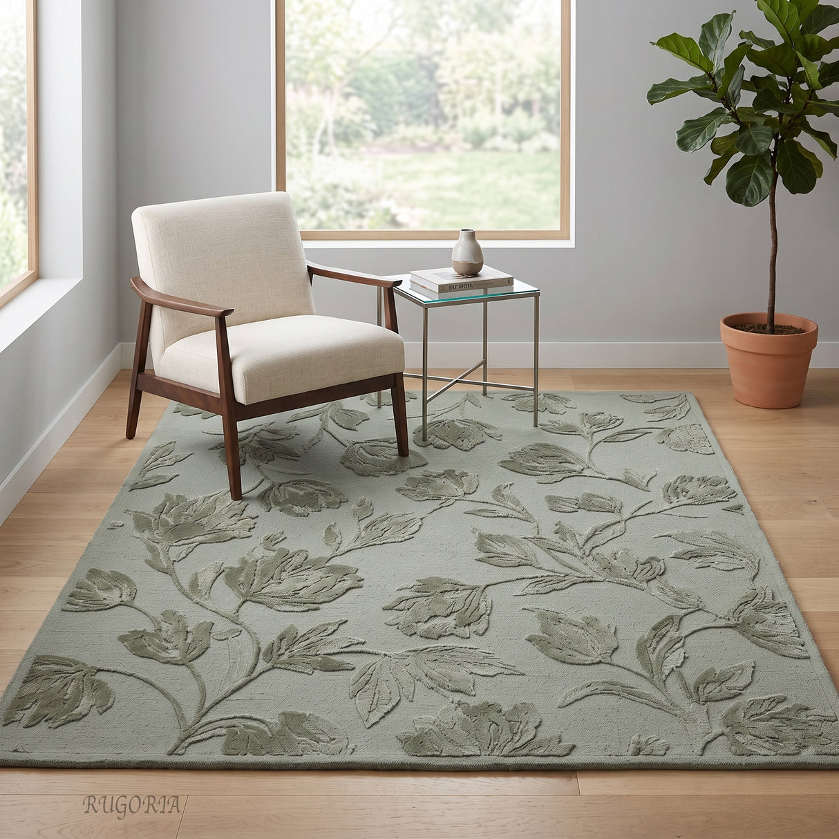 Hand Tufted Floral Wool Area Rug, Raised Botanical Carved Design