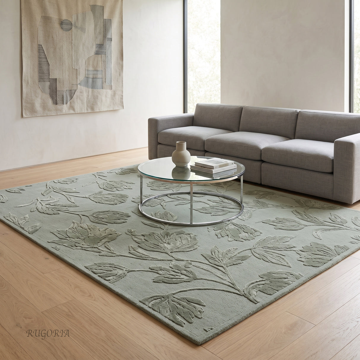 Hand Tufted Floral Wool Area Rug, Raised Botanical Carved Design