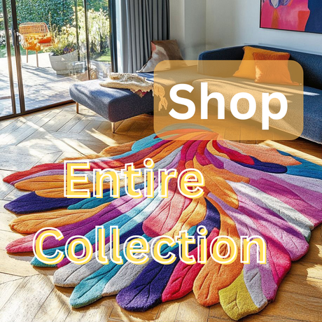 Orange sofa, green wall, desk, coffee table, art.