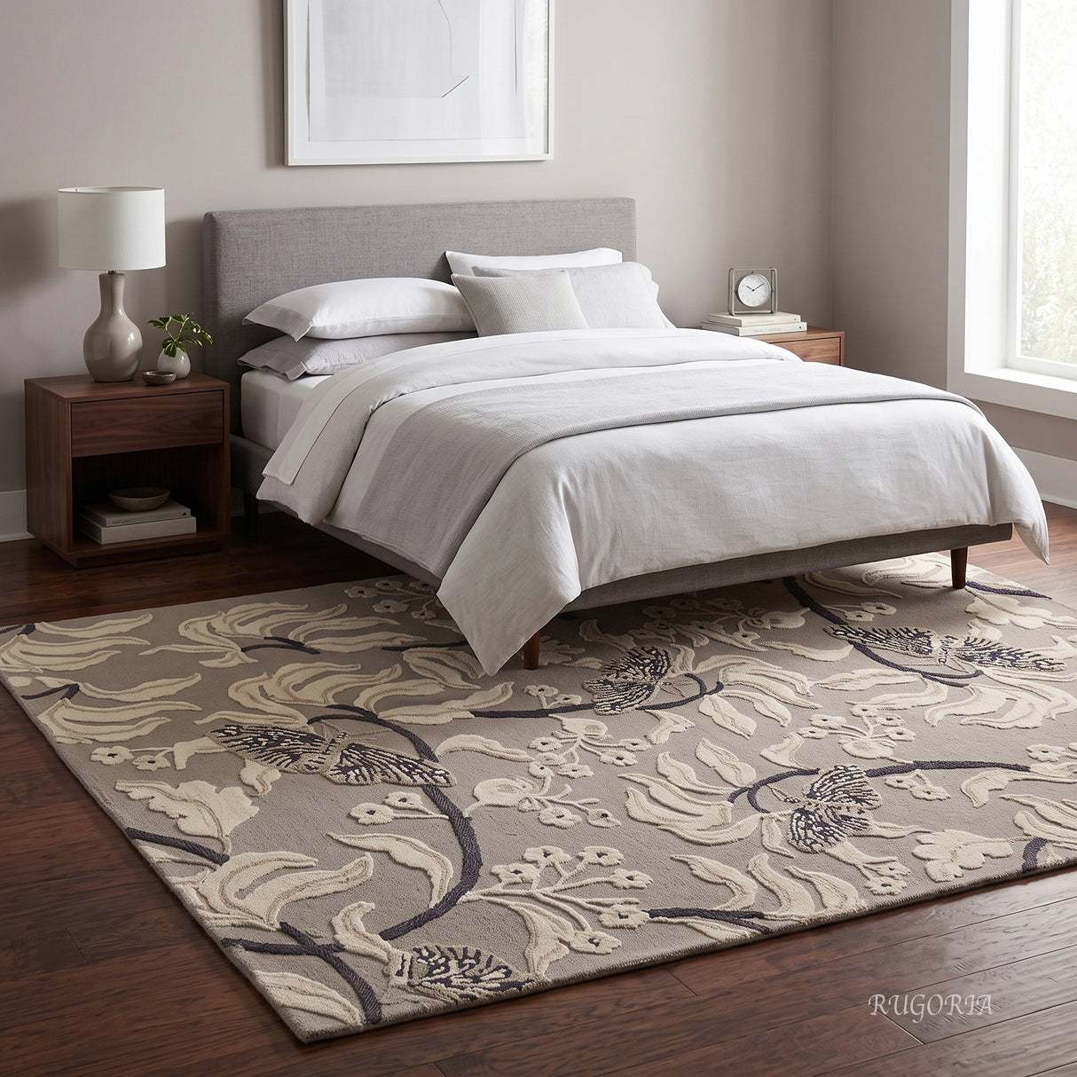 Hand Tufted Wool Rug, Floral Butterfly Botanical Pattern