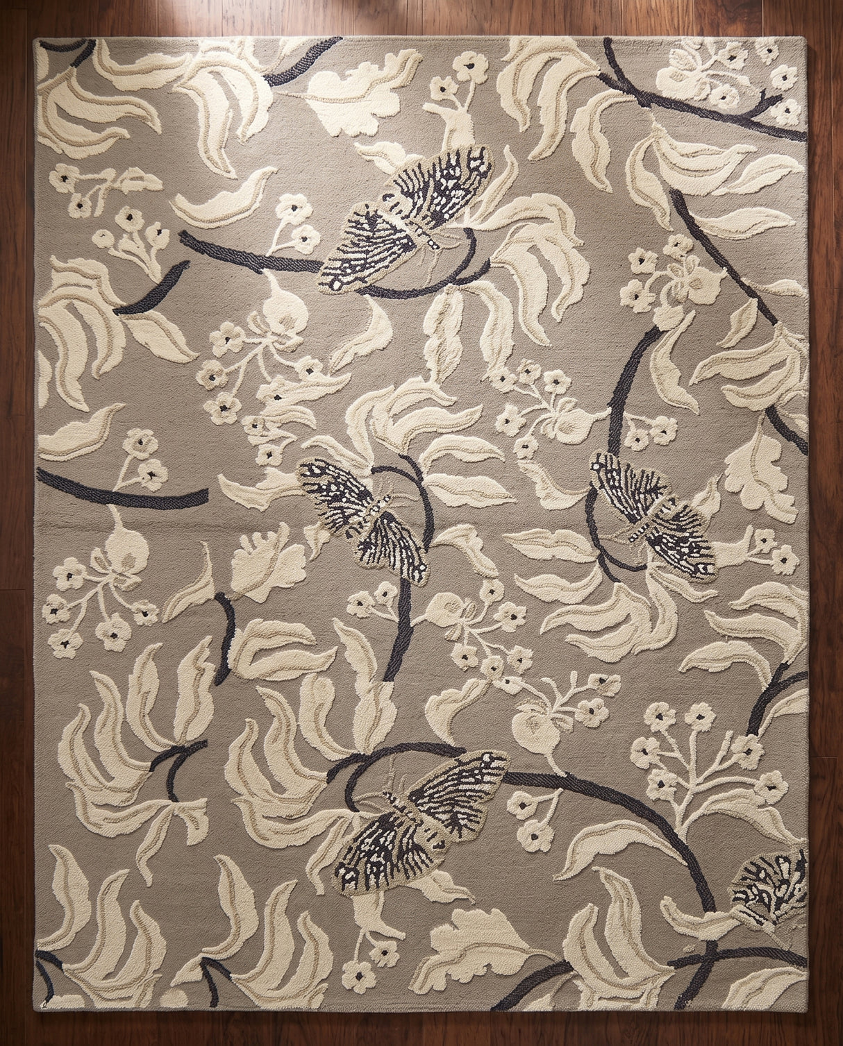Hand Tufted Wool Rug, Floral Butterfly Botanical Pattern