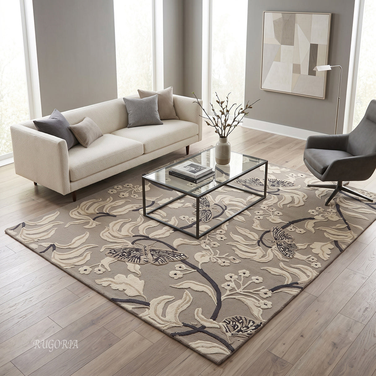 Hand Tufted Wool Rug, Floral Butterfly Botanical Pattern