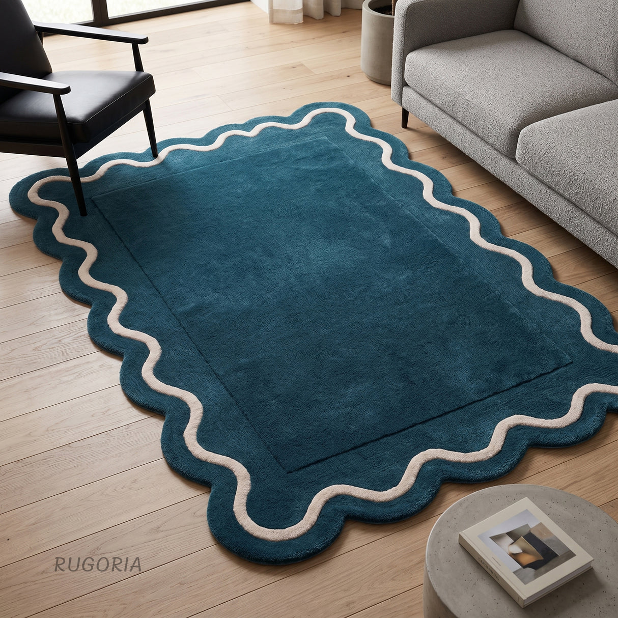 Modern Hand Tufted Wool Rug | Handmade Scalloped Border Carpet