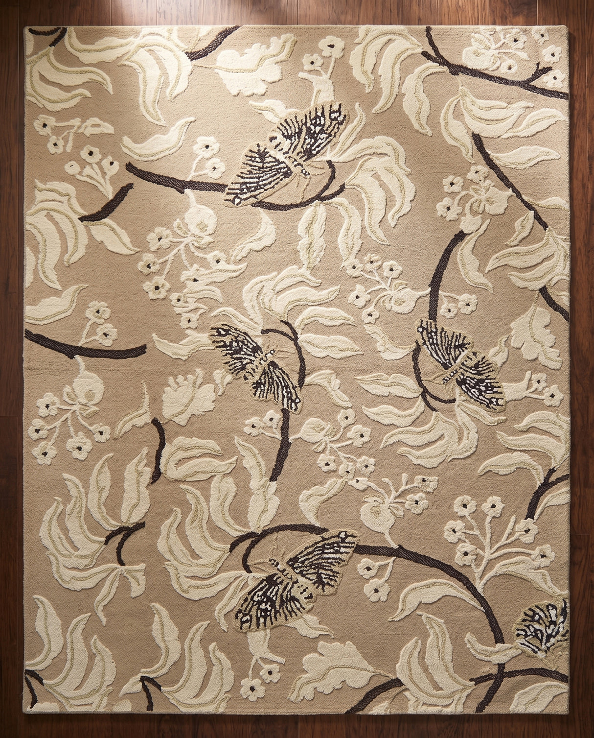 Hand Tufted Wool Rug, Floral Butterfly Botanical Pattern