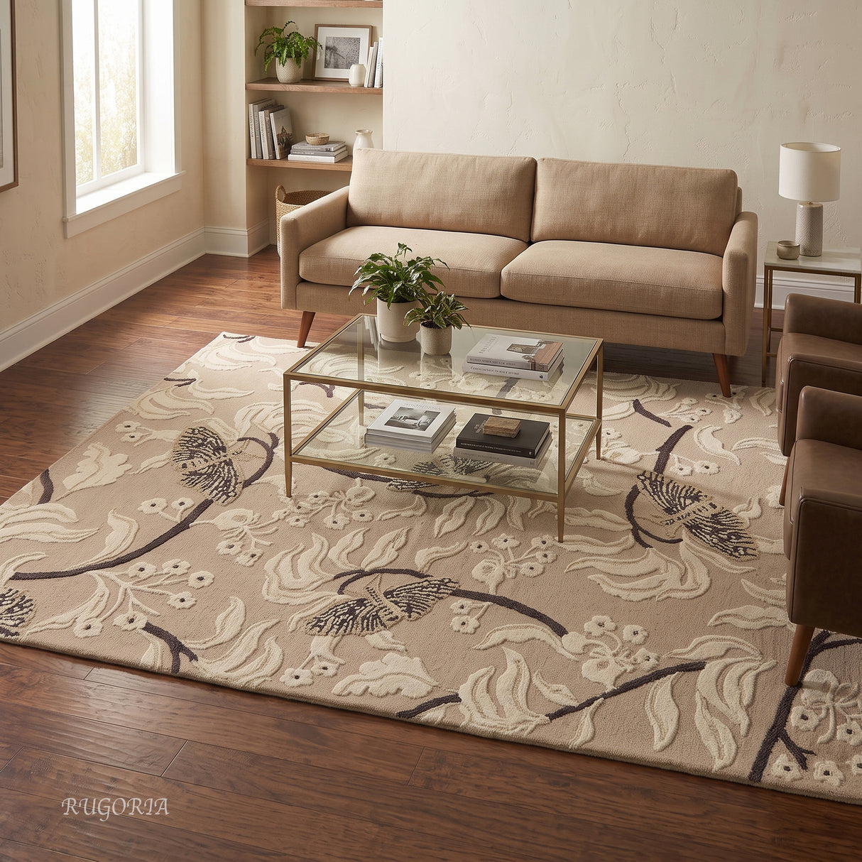 Hand Tufted Wool Rug, Floral Butterfly Botanical Pattern