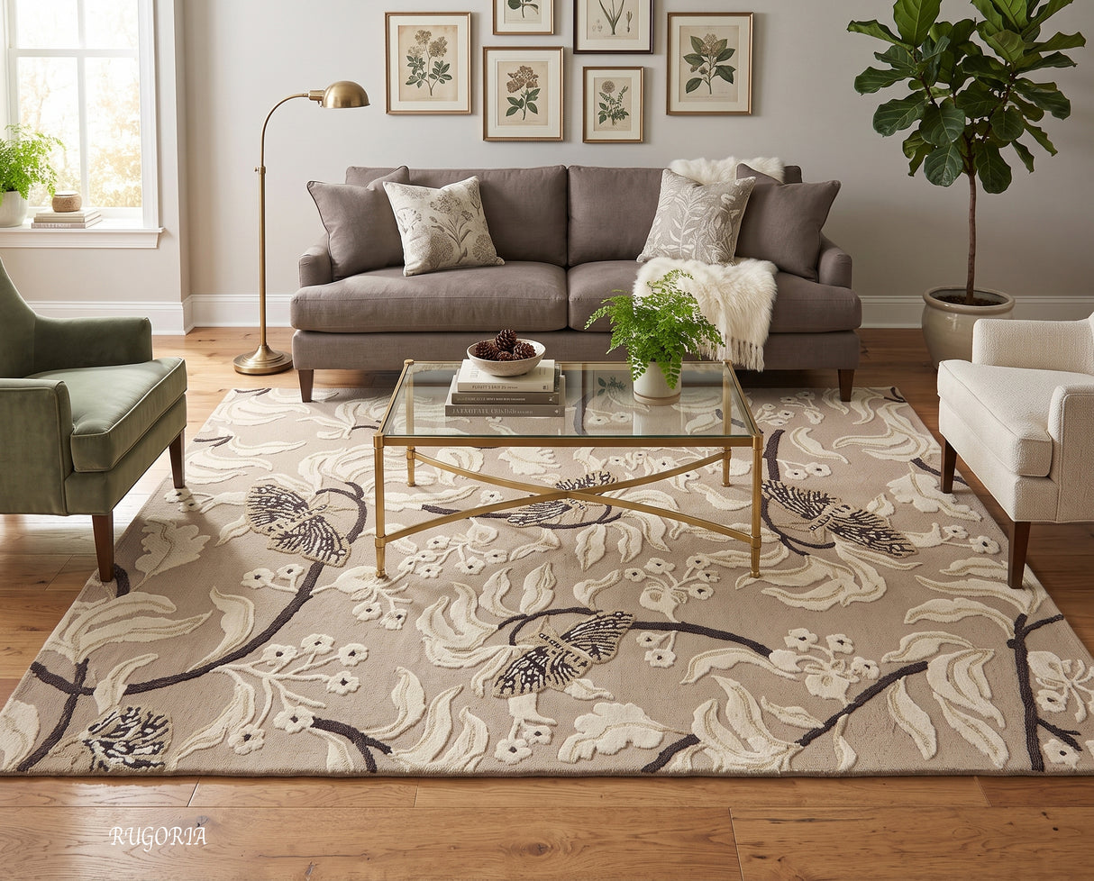 Hand Tufted Wool Rug, Floral Butterfly Botanical Pattern