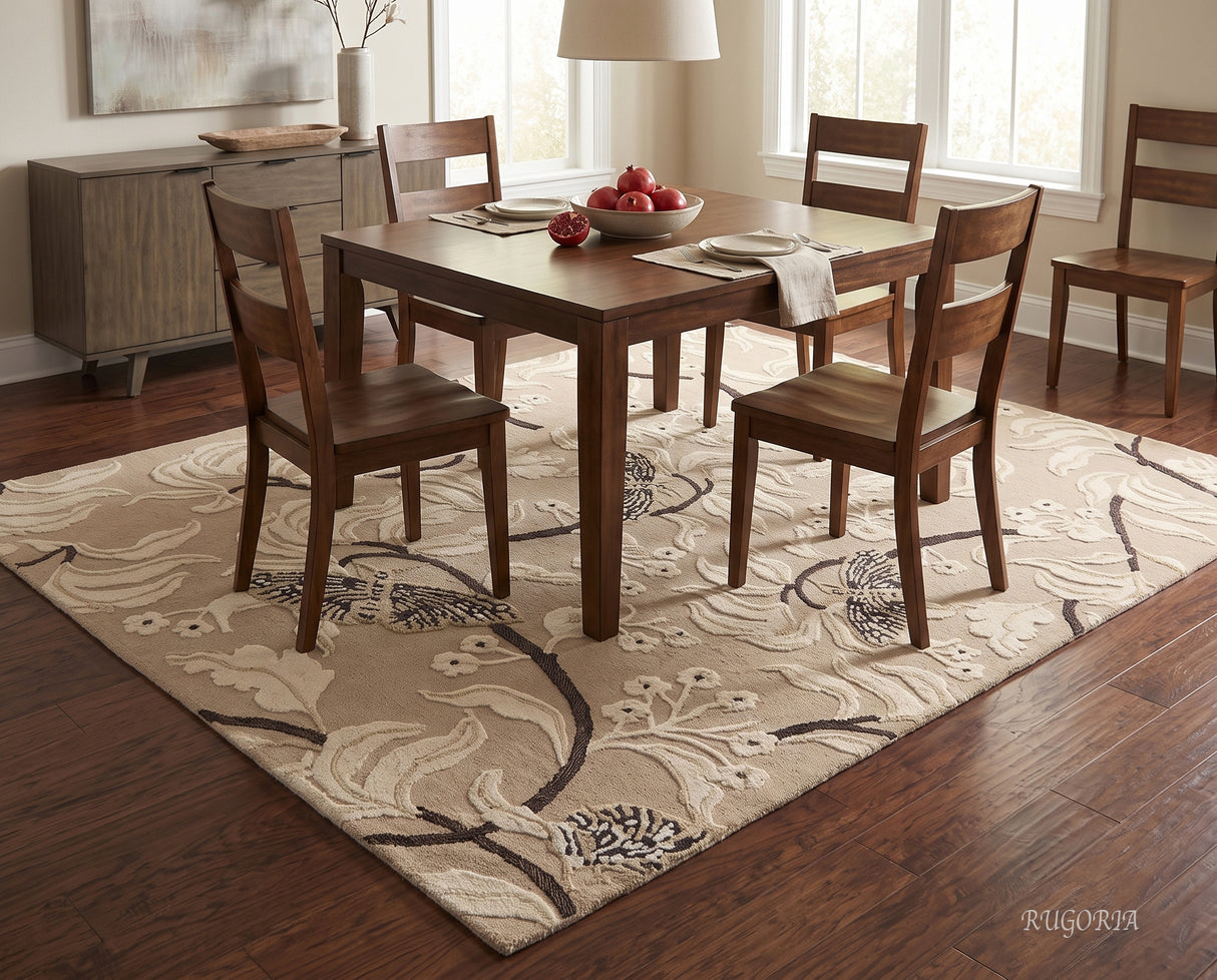 Hand Tufted Wool Rug, Floral Butterfly Botanical Pattern