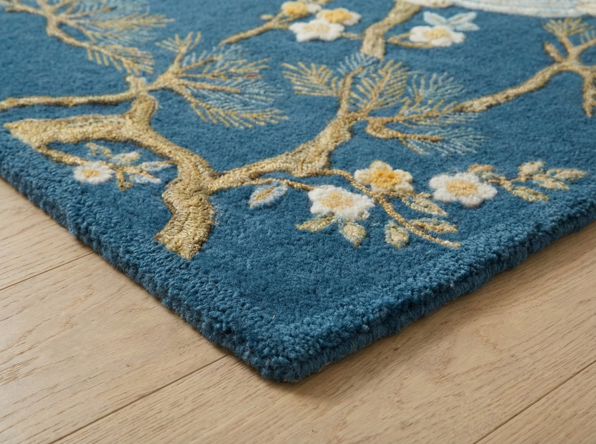 Hand-Tufted 100% Wool Rug, Crane Bird Floral Pattern