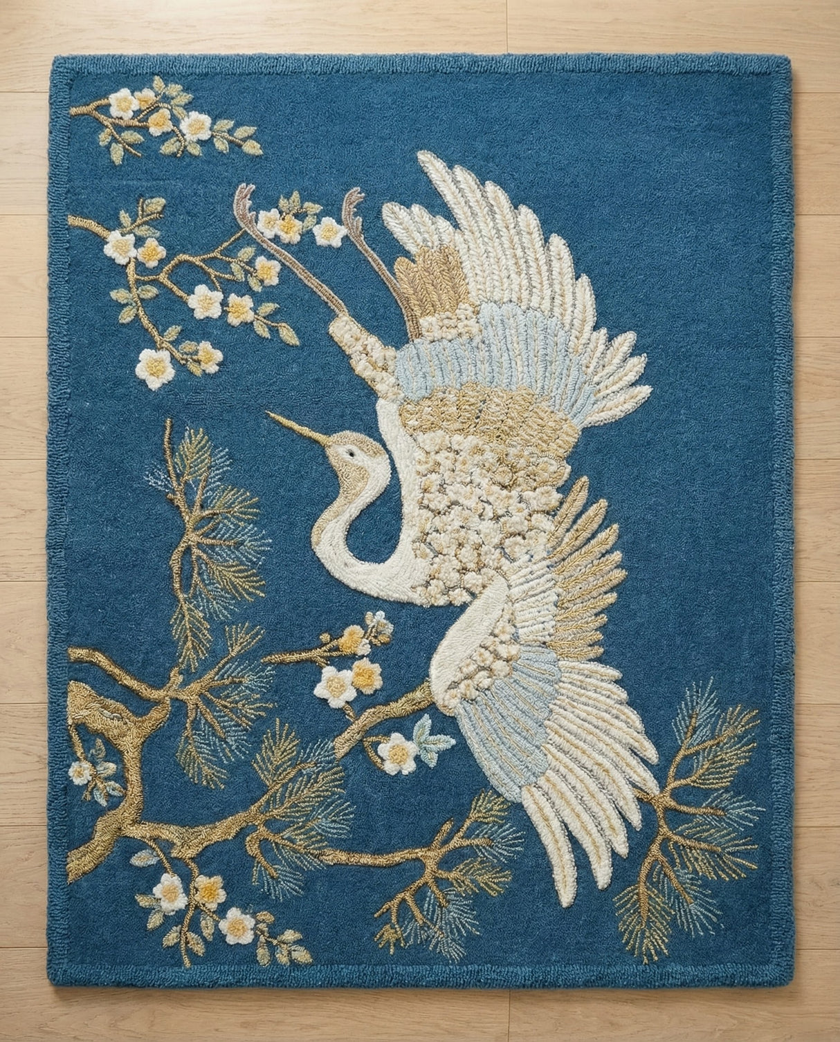 Hand-Tufted 100% Wool Rug, Crane Bird Floral Pattern