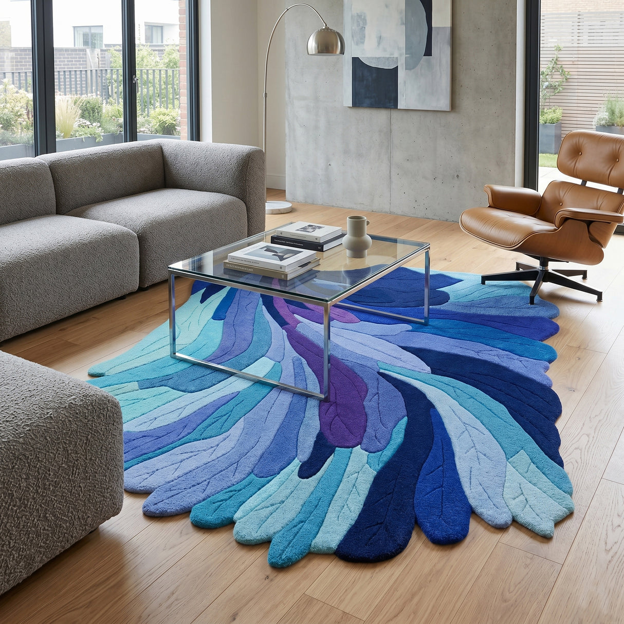 Handmade Irregular Shape Wool Rug | Unique Contemporary Colorful Botanical Design