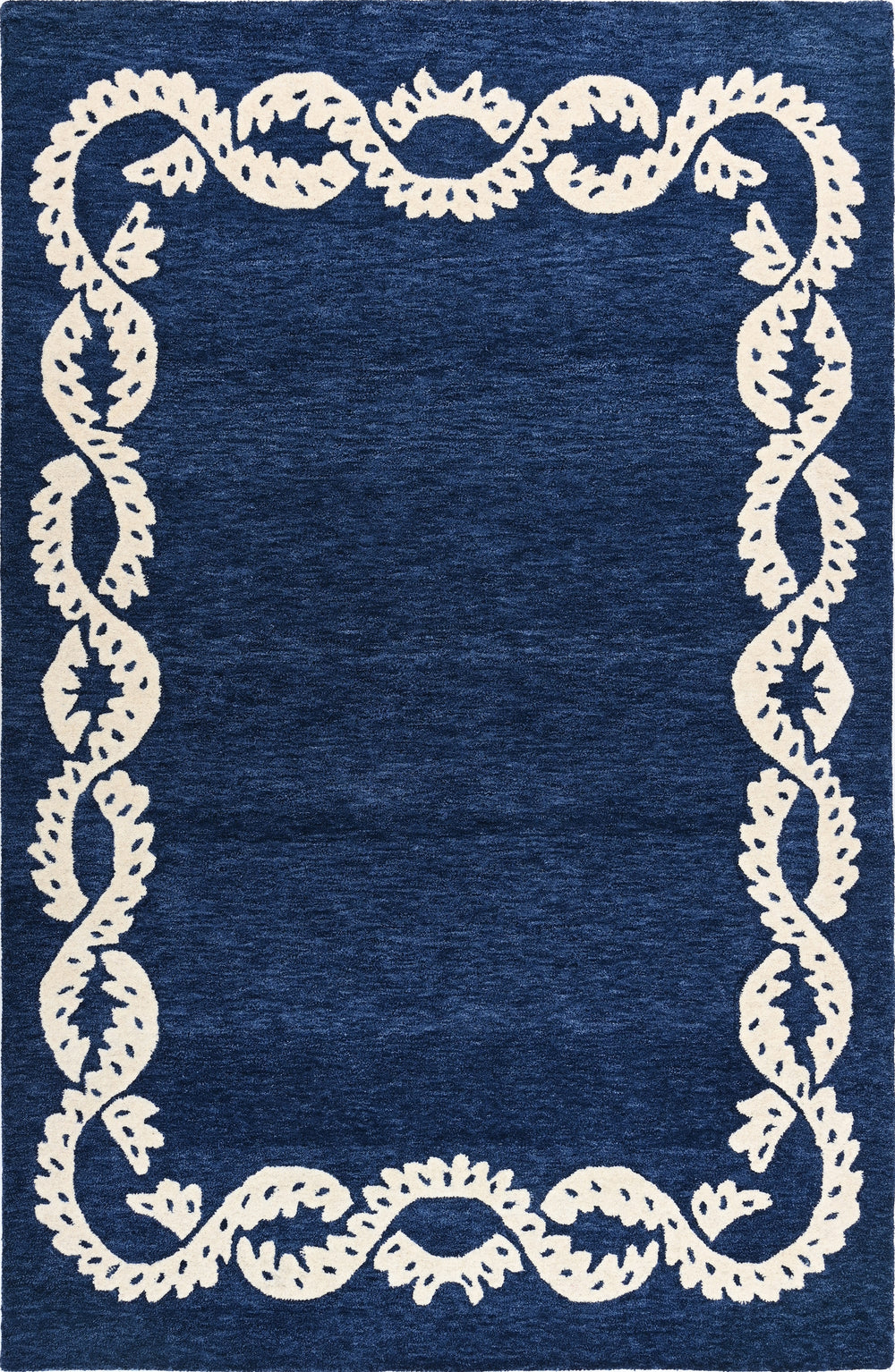 Hand-Tufted Wool Rug - Intricate White Vine Border Carpet