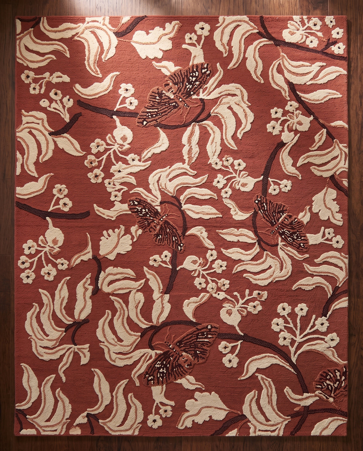 Hand Tufted Wool Rug, Floral Butterfly Botanical Pattern