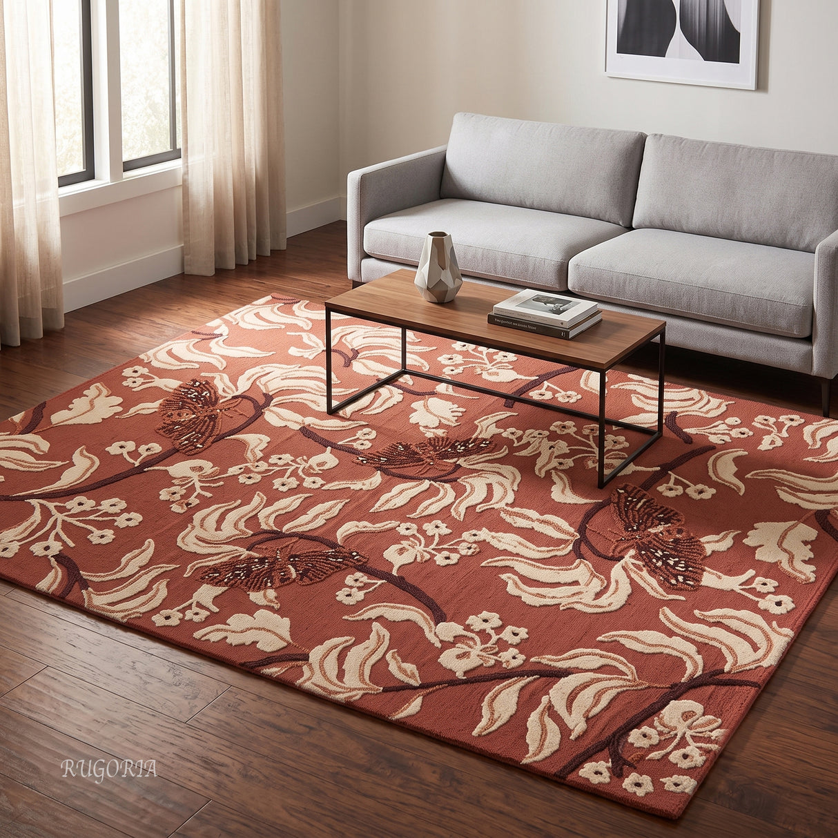 Hand Tufted Wool Rug, Floral Butterfly Botanical Pattern