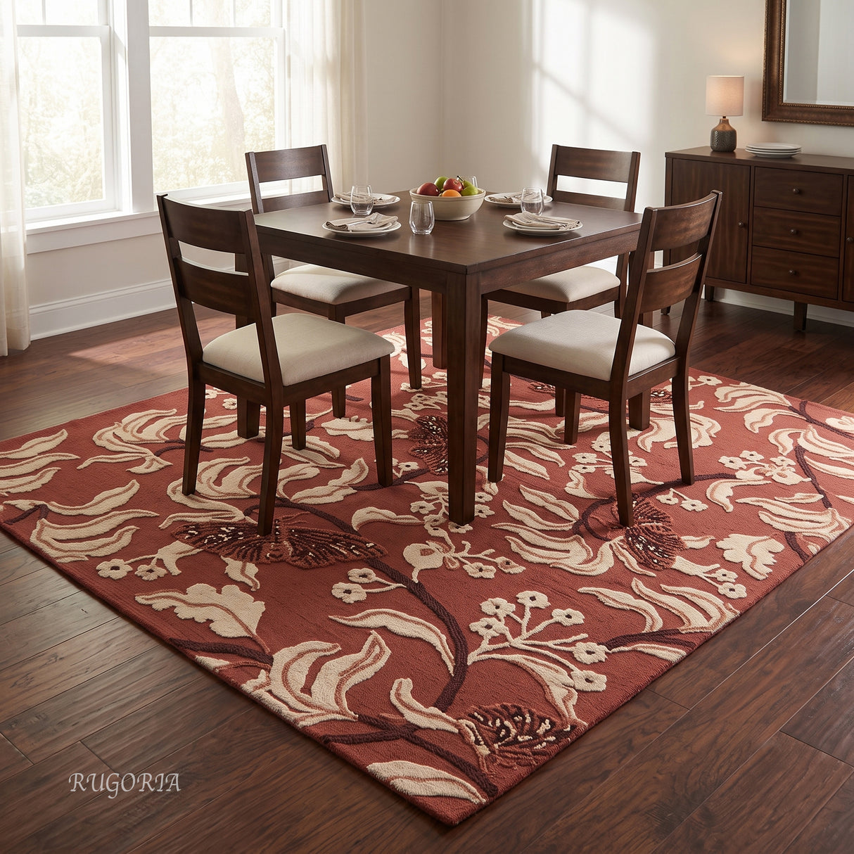 Hand Tufted Wool Rug, Floral Butterfly Botanical Pattern