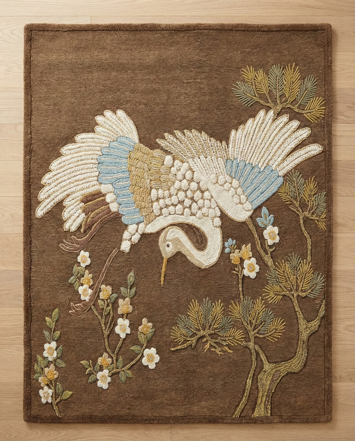 Hand-Tufted 100% Wool Rug, Crane Bird Floral Pattern