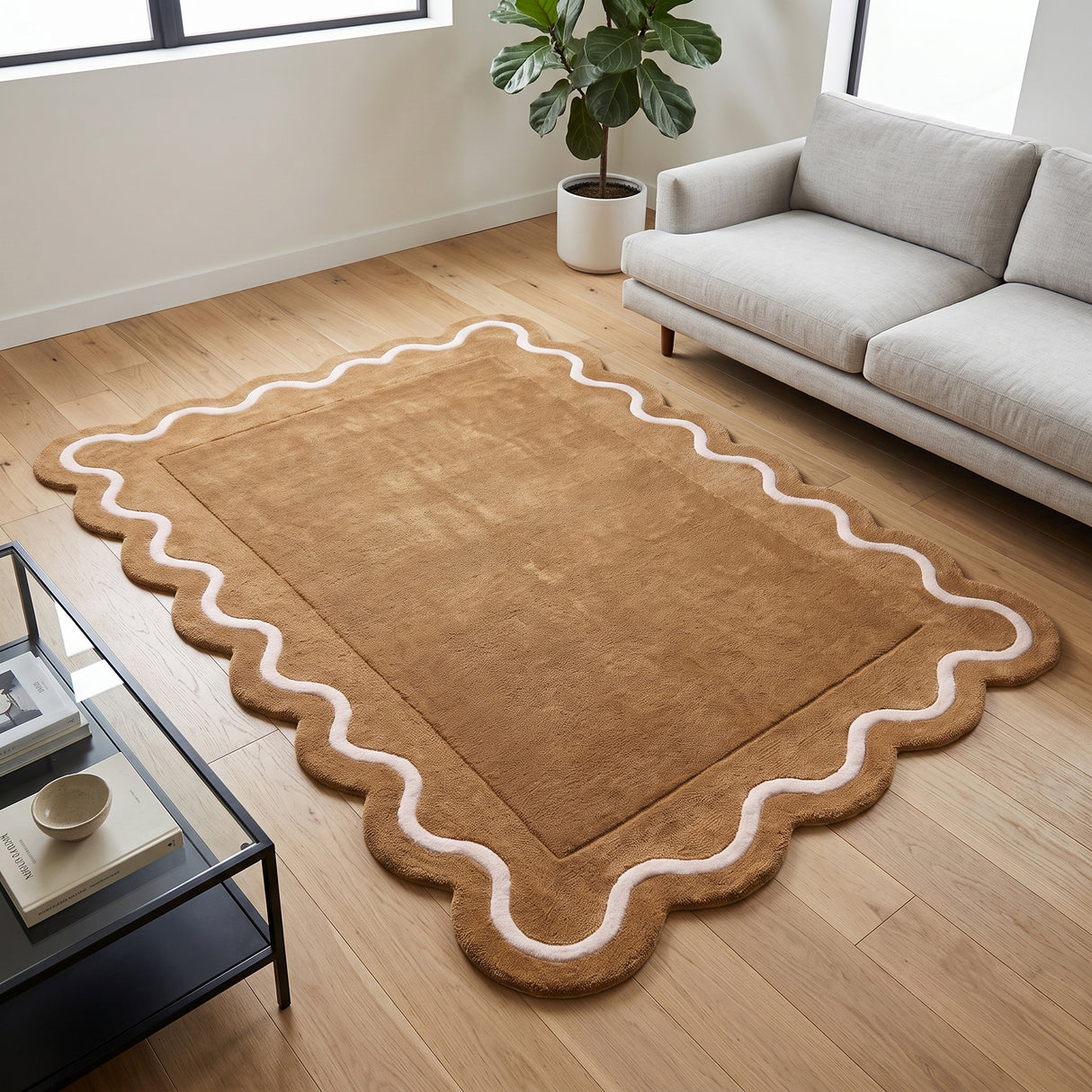 Modern Hand Tufted Wool Rug | Handmade Scalloped Border Carpet