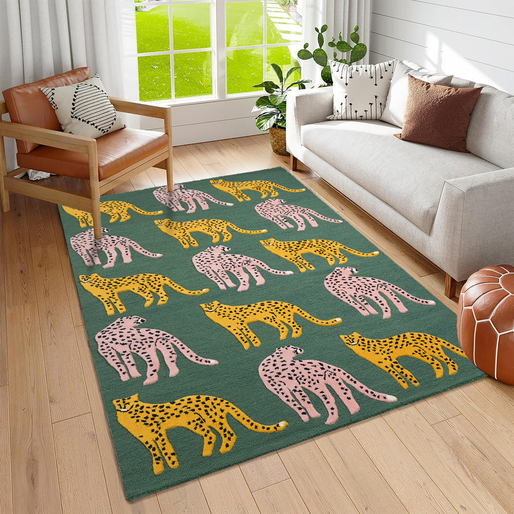 Catwalk Jungle Safari Wool Rug – Hand-Tufted, Plush Green Animal Print Carpet