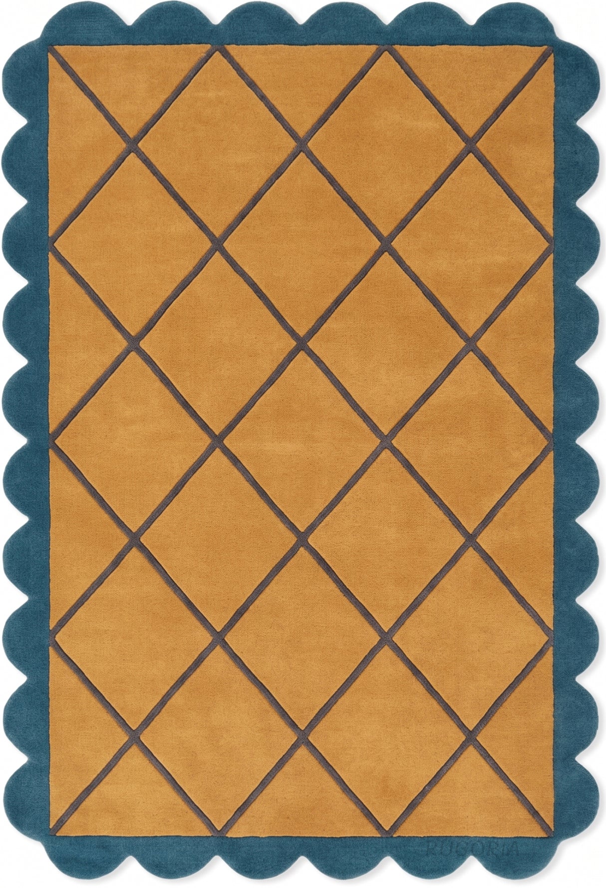 Modern Hand Tufted Wool Rug, Scalloped Border, Geometric Diamond Pattern,