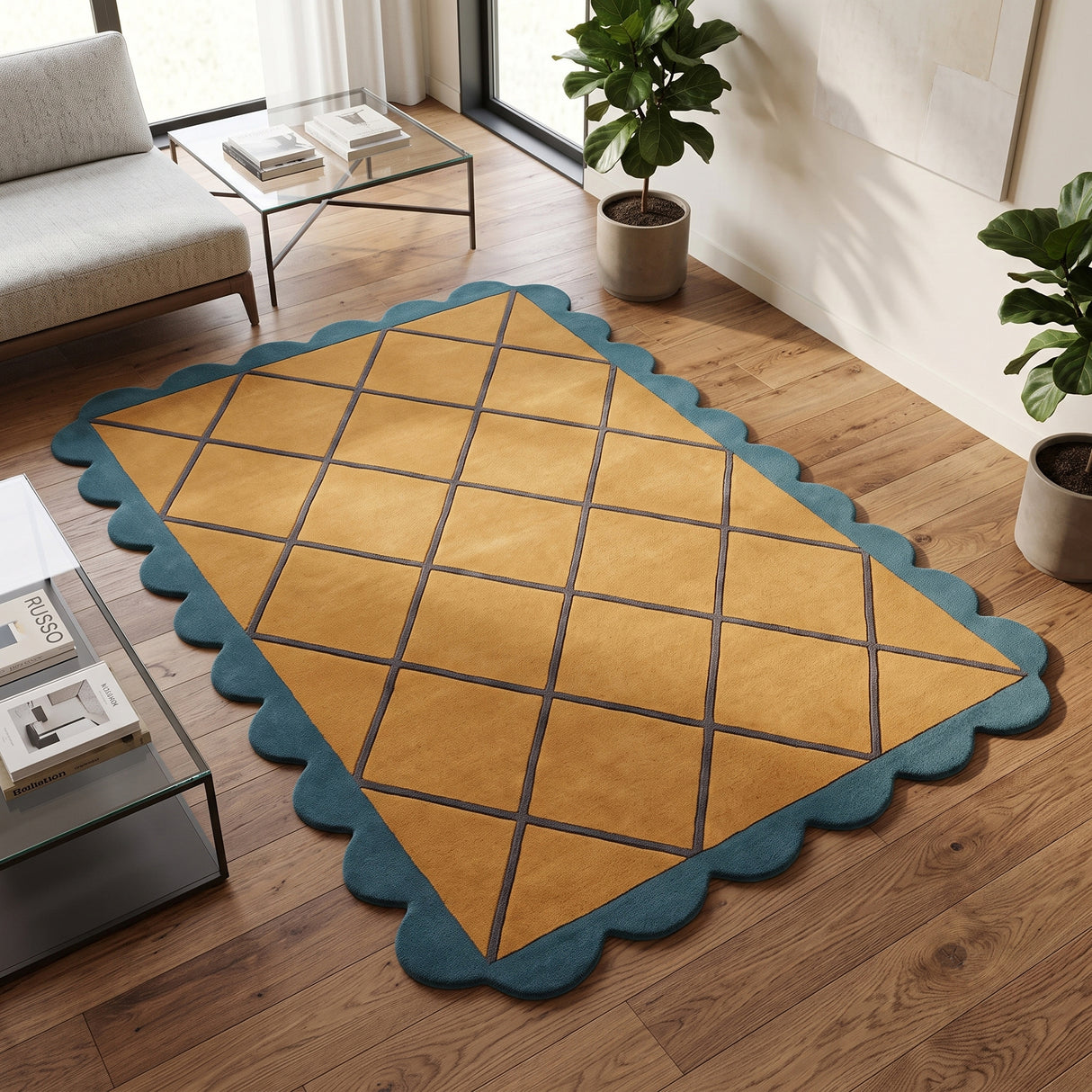Modern Hand Tufted Wool Rug, Scalloped Border, Geometric Diamond Pattern,